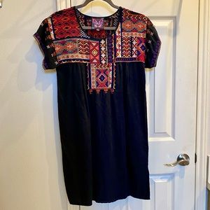 Johnny Was Vibrant Multicolor Black Embroidered Linen Dress Small